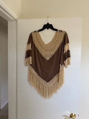 Altar'd State Crochet Fringe Overlay in Brown and Cream